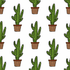 Seamless pattern with сacti in flower pots on white background. Doodle style. Vector image.