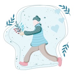 Illustration for Valentine's Day. A man in love with a bouquet of flowers