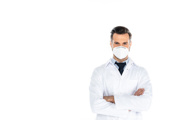 doctor in white coat and medical mask standing with crossed arms isolated on white.