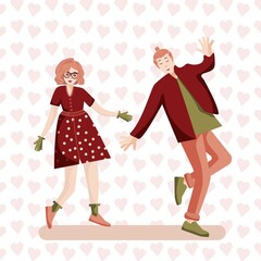 Illustration of a couple in love. A guy and a girl dance with hearts.