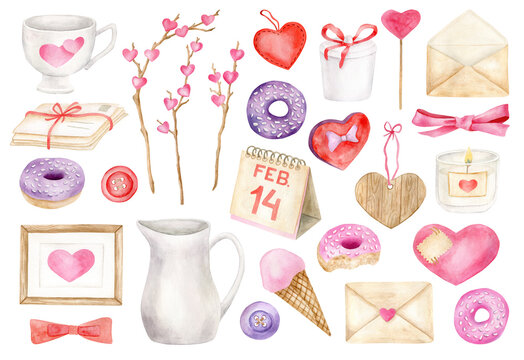 Watercolor Valentine's day elements set. Hand drawn cute romantic items. Hearts, love letters, donuts, branches, bows isolated on white background. Cute illustration for 14 february, wedding, cards