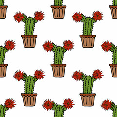 Seamless pattern with cute сacti and flowers in flower pots on white background. Doodle style. Vector image.