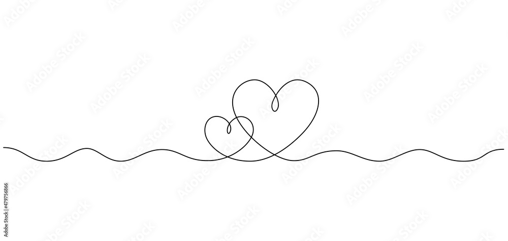 Wall mural One continuous drawing of two hearts and love signs. Thin stroke and romantic symbols in simple linear style. Minimalistic Doodle vector illustration