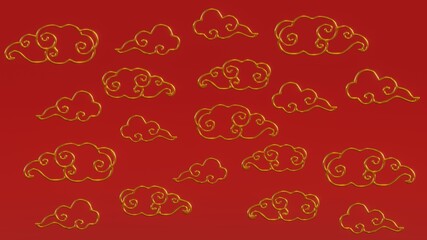 Fototapeta na wymiar Chinese style gold clouds background. Chinese new year greeting card template with golden round and clouds background and frame for your text. 3d render