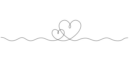 One continuous drawing of two hearts and love signs. Thin stroke and romantic symbols in simple linear style. Minimalistic Doodle vector illustration