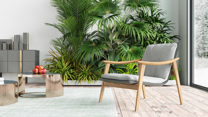 Modern stylish interior of the living room, a room with a staircase, wooden floor and a large window. 3D rendering