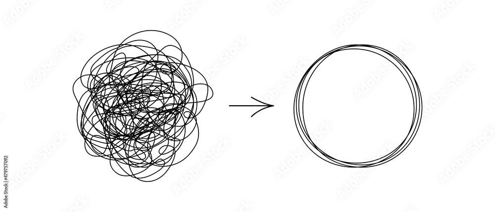 Aufkleber Chaotically tangled line and untied knot in form of circle. Psychotherapy concept of solving problems is easy. Unravels chaos and mess difficult situation. Vector illustration