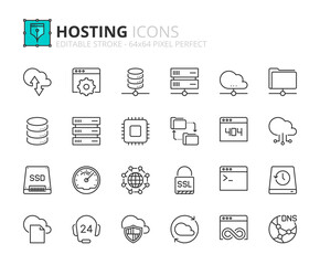 Simple set of outline icons about hosting and cloud computing networks concepts