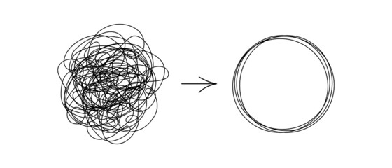 Chaotically tangled line and untied knot in form of circle. Psychotherapy concept of solving problems is easy. Unravels chaos and mess difficult situation. Vector illustration - obrazy, fototapety, plakaty
