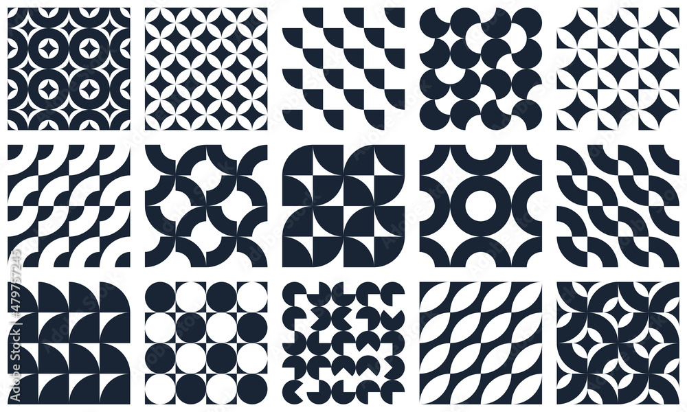 Poster abstract vector geometric seamless patterns set, black and white simple geometric elements repeat ti