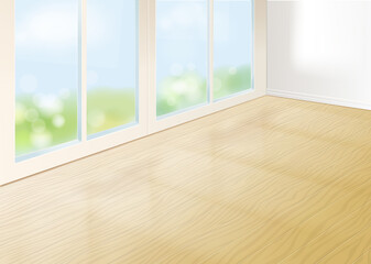 Empty room with big window and wooden floor. Vector realistic illustration of the interior. Architectural background