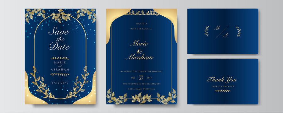 Premium elegant golden blue wedding invitation design template