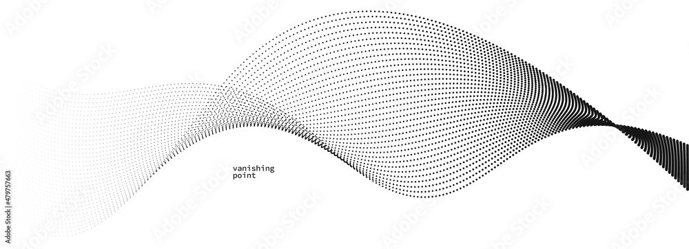 Poster wave of flowing vanishing particles vector abstract background, curvy lines dots in motion relaxing 