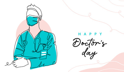 Doctors day simple vector illustration of physician, therapist man in mask and doctor coat. One continuous line art drawing background, banner, poster for Doctors day celebration