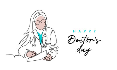 Doctors day simple vector illustration of physician, therapist woman in doctor coat. One continuous line art drawing background, banner, poster for Doctors day celebration