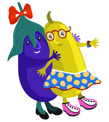 Vector cute childish isolated illustration of two girlfriends, eggplant and zucchini. Bright friendship concept.