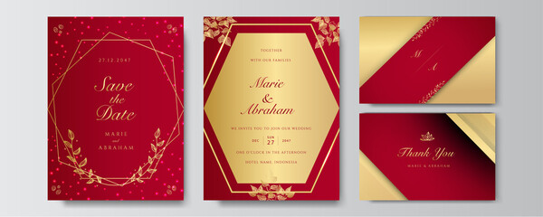 Premium elegant golden red wedding invitation design template