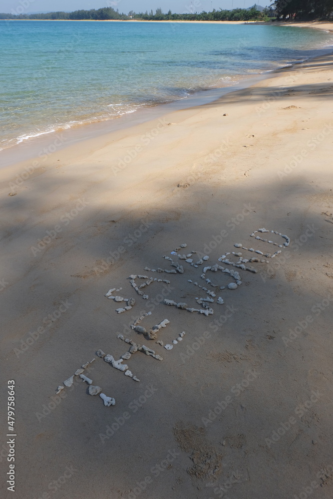 Fototapete the shell is arranged as a message of protecting the world on the sandy beach.
