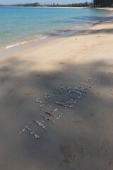 The shell is arranged as a message of protecting the world on the sandy beach.