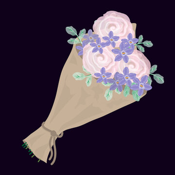 bouquet of roses and small purple flowers. vector grahics