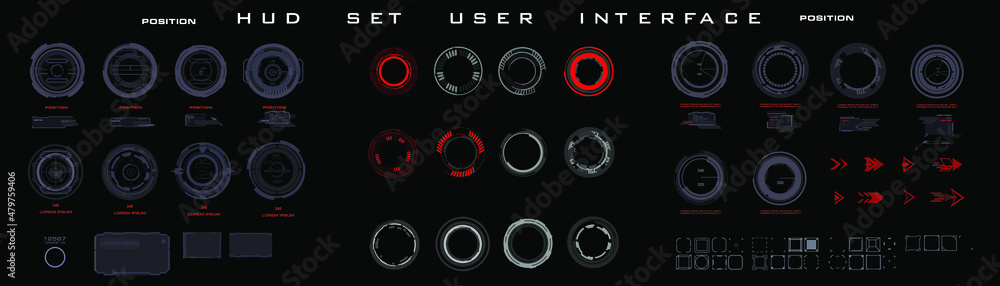 Poster set of gray and red circles futuristic hud elements. targets for navigation. game interfaces and tec