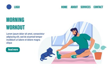 Morning worworkout landing page vector template. A man does sports at home. Flat vector illustration