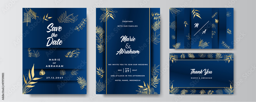 Wall mural Premium elegant golden blue wedding invitation design template