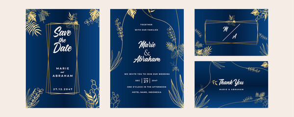 Modern elegant golden blue wedding invitation design template