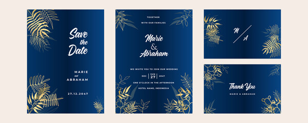 Fototapeta na wymiar Modern elegant golden blue wedding invitation design template