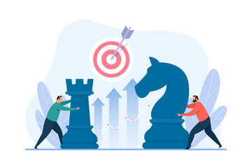 Business strategy concept. Two characters moving chess pieces. Vector illustration of business metaphor. - obrazy, fototapety, plakaty