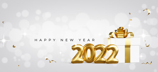 3d render of 2022 happy new year with gift box and shiny on white background.