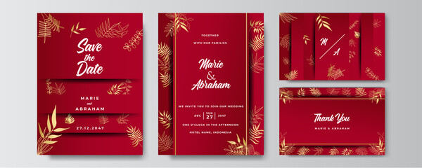 Premium elegant golden red wedding invitation design template