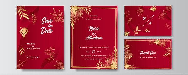 Modern elegant golden red wedding invitation design template
