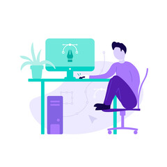 Fototapeta premium Relaxed man working on computer illustration. Graphic designer working from home. Trendy illustration for marketing, website or mobile app.