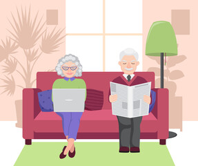 Couple of elderly people are sitting on the couch. Grandma has a laptop on her lap. Grandpa is reading the newspaper. Window and silhouettes of potted flowers in the background. Vector illustration