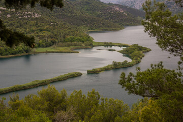 Aerial view of Visovacko jezero lake in Krka national park, Croatia