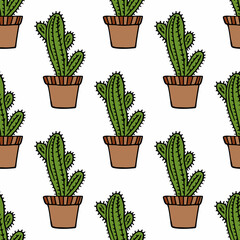 Seamless pattern with stylish сacti in flower pots on white background. Doodle style. Vector image.