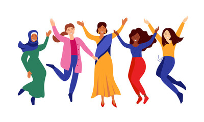 Multinational women jumping and waving arms. Happy International Women's Day. Multicultural girls with different skin color. Group of diversity women. Vector illustration isolated on white