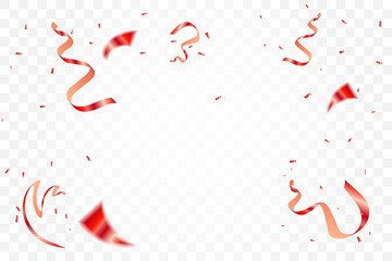 Many Falling Shiny Red Tiny Confetti And Streaming Ribbon Isolated On Transparent Background. Valentine's Day Banner. Vector