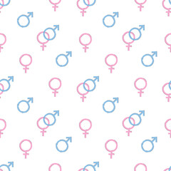 Seamless pattern of gender signs. Pink and blue icons of gender identity and sexual orientation.Male and female signs, heterosexuality.Vector illustration.