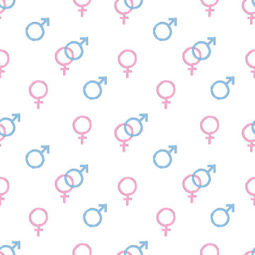 Seamless pattern of gender signs. Pink and blue icons of gender identity and sexual orientation.Male and female signs, heterosexuality.Vector illustration.