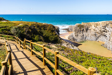 Wooden walkway by Espingardeiro Beach, Alentejo, Portugal