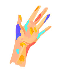 human hand in paint stains. Creation 