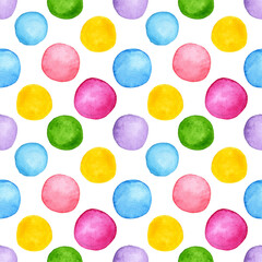 Colorful watercolor round paint stains pattern, pixelated dots illustration, design elements, text background. Seamless repeating print of watercolor stains in the form of a circle, brush strokes, 