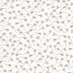 Seamless pattern with hand drawn inflorescences in Ditzy style. Monochrome vector illustrations of flowers on white background for surface design and other design projects