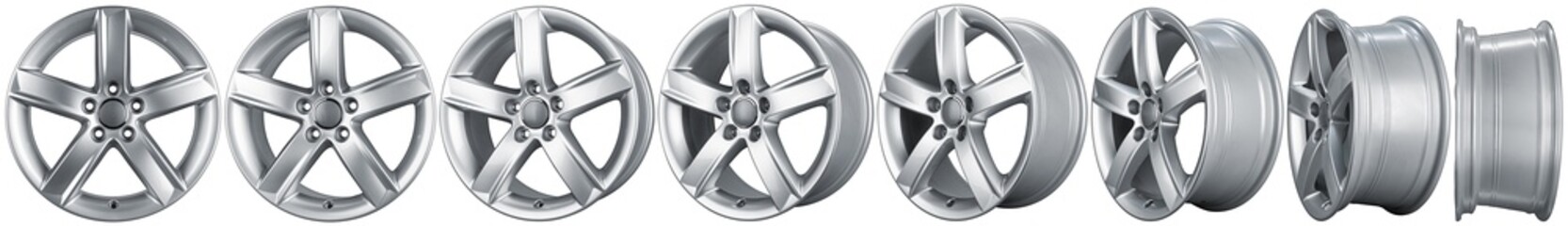 set collection of modern shiny silver metallic alloy aluminum car rim isolated white background....
