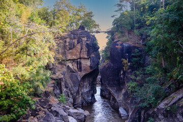 Beautiful view of samll iron bridge over Op Luang Canyon in Op Luang National Park Chiang Mai Thailand