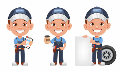 Auto mechanic cartoon character.