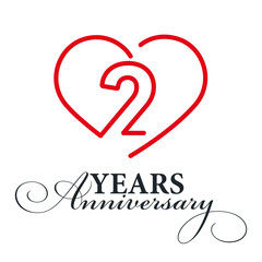 2 years anniversary celebration number two bounded by a loving heart red modern love line design logo icon white background