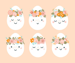 Set cute Easter eggs in pastel colors. Illustration Easter eggs characters with wreaths of flowers. Vector